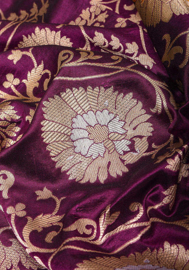 Purple Banarasi Katan Silk Saree with Meenakari and Alfi Floral Jaal Pattern | SILK MARK CERTIFIED