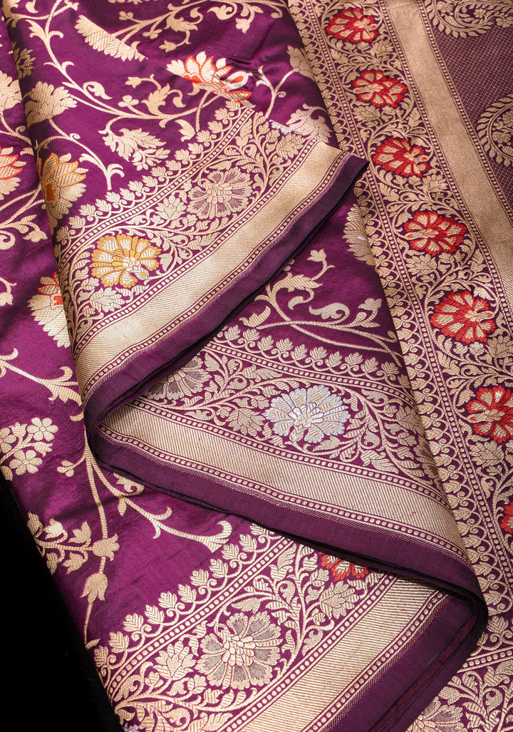 Purple Banarasi Katan Silk Saree with Meenakari and Alfi Floral Jaal Pattern | SILK MARK CERTIFIED