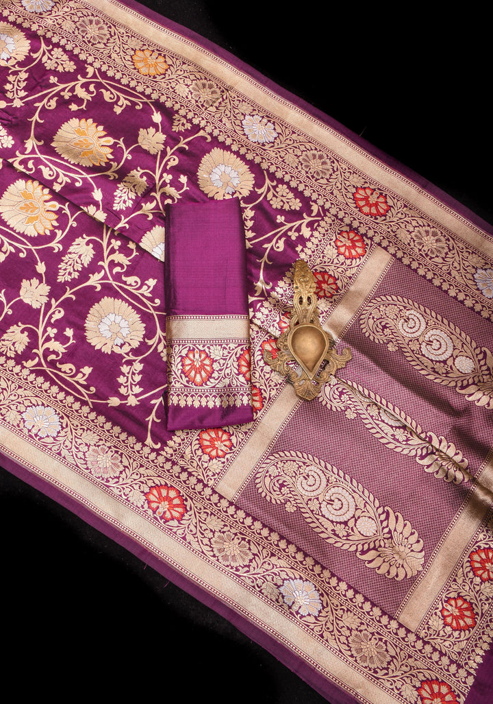 Purple Banarasi Katan Silk Saree with Meenakari and Alfi Floral Jaal Pattern | SILK MARK CERTIFIED