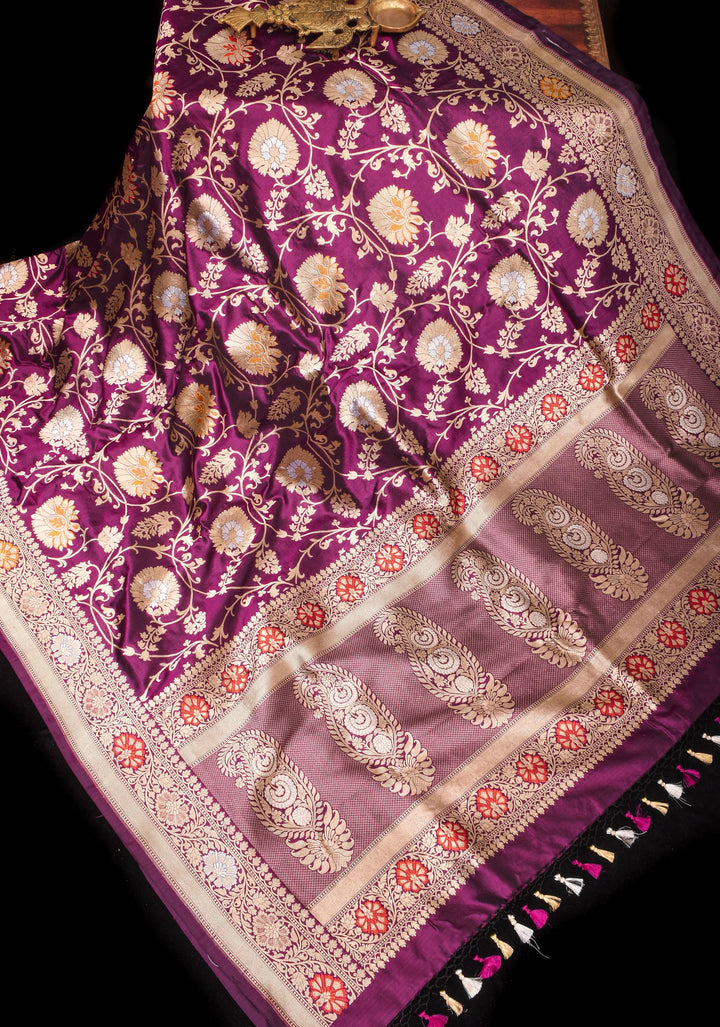 Purple Banarasi Katan Silk Saree with Meenakari and Alfi Floral Jaal Pattern | SILK MARK CERTIFIED
