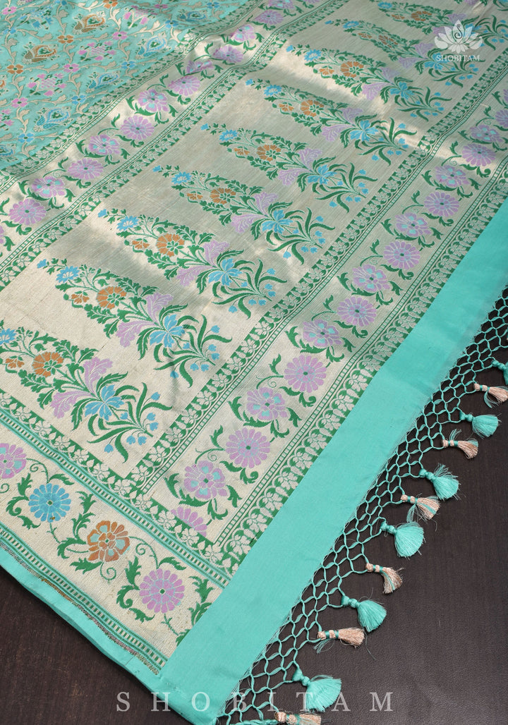 Aqua Green Banarasi Katan Silk Saree with Meenakari Patola Brocade Jaal and Zari Border | SILK MARK CERTIFIED