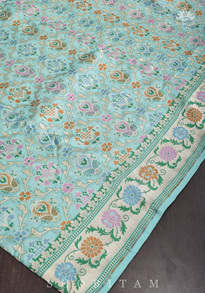 Aqua Green Banarasi Katan Silk Saree with Meenakari Patola Brocade Jaal and Zari Border | SILK MARK CERTIFIED