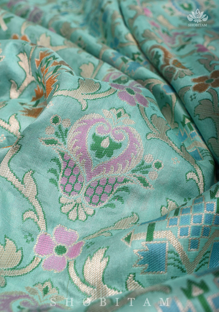 Aqua Green Banarasi Katan Silk Saree with Meenakari Patola Brocade Jaal and Zari Border | SILK MARK CERTIFIED