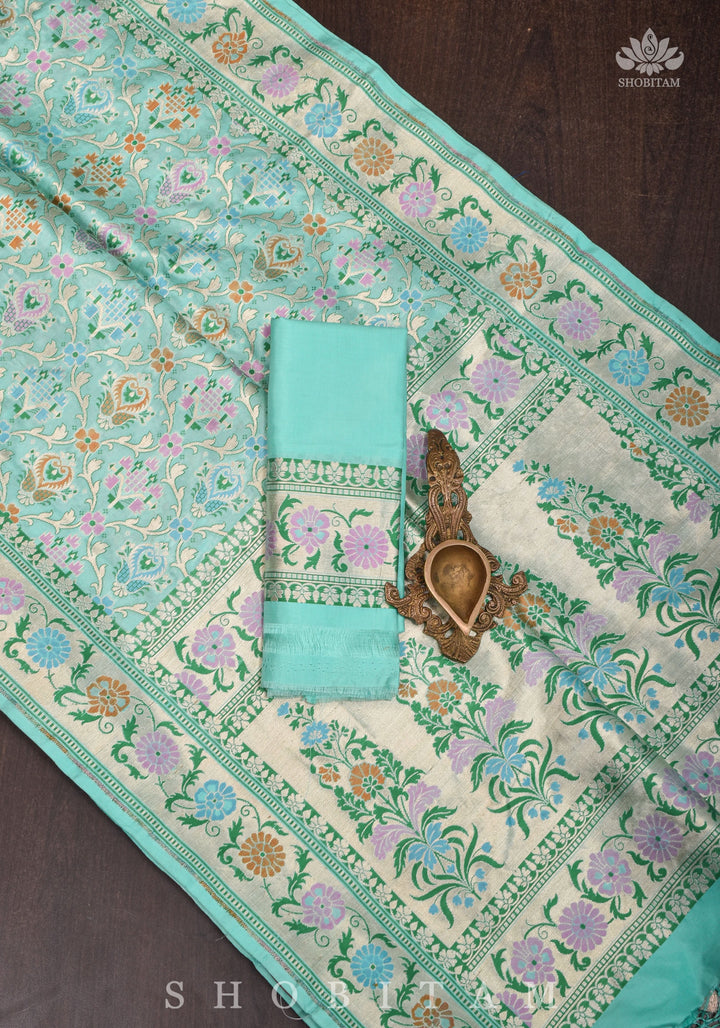 Aqua Green Banarasi Katan Silk Saree with Meenakari Patola Brocade Jaal and Zari Border | SILK MARK CERTIFIED
