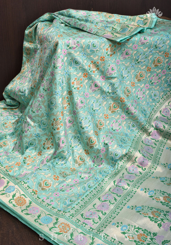 Aqua Green Banarasi Katan Silk Saree with Meenakari Patola Brocade Jaal and Zari Border | SILK MARK CERTIFIED
