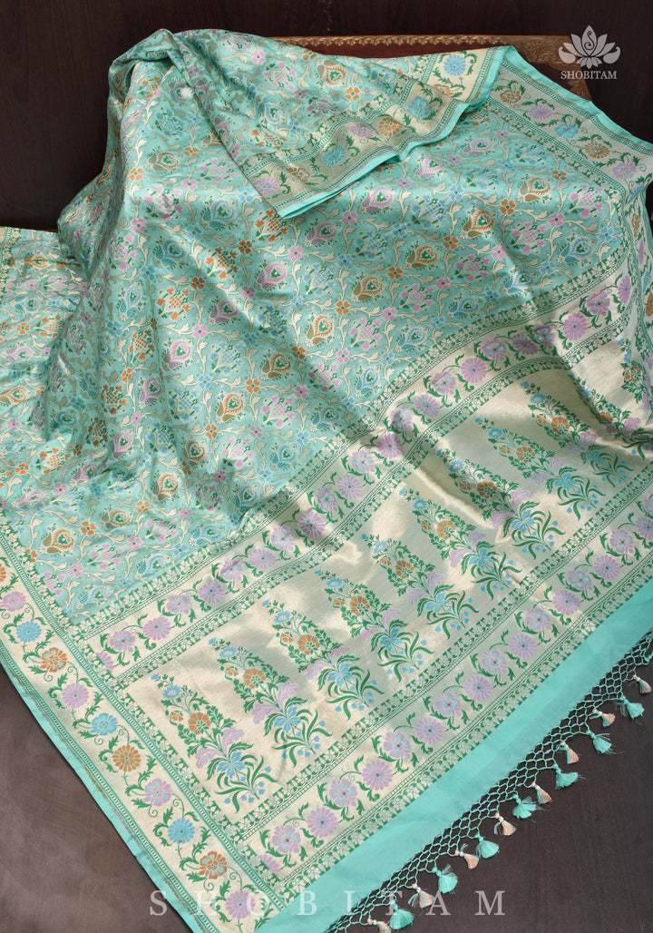 Aqua Green Banarasi Katan Silk Saree with Meenakari Patola Brocade Jaal and Zari Border | SILK MARK CERTIFIED