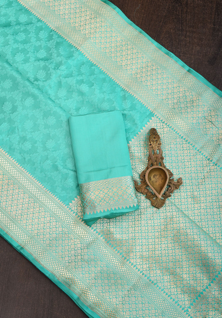 Authentic Tanchoi Jamawar Satin Silk Floral Saree in Soft  Blue with Zari Border | SILK MARK CERTIFIED