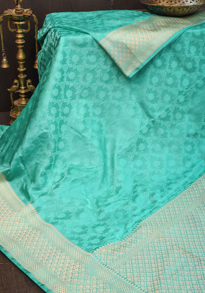 Authentic Tanchoi Jamawar Satin Silk Floral Saree in Soft  Blue with Zari Border | SILK MARK CERTIFIED