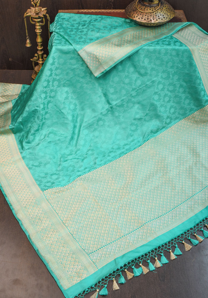 Authentic Tanchoi Jamawar Satin Silk Floral Saree in Soft  Blue with Zari Border | SILK MARK CERTIFIED