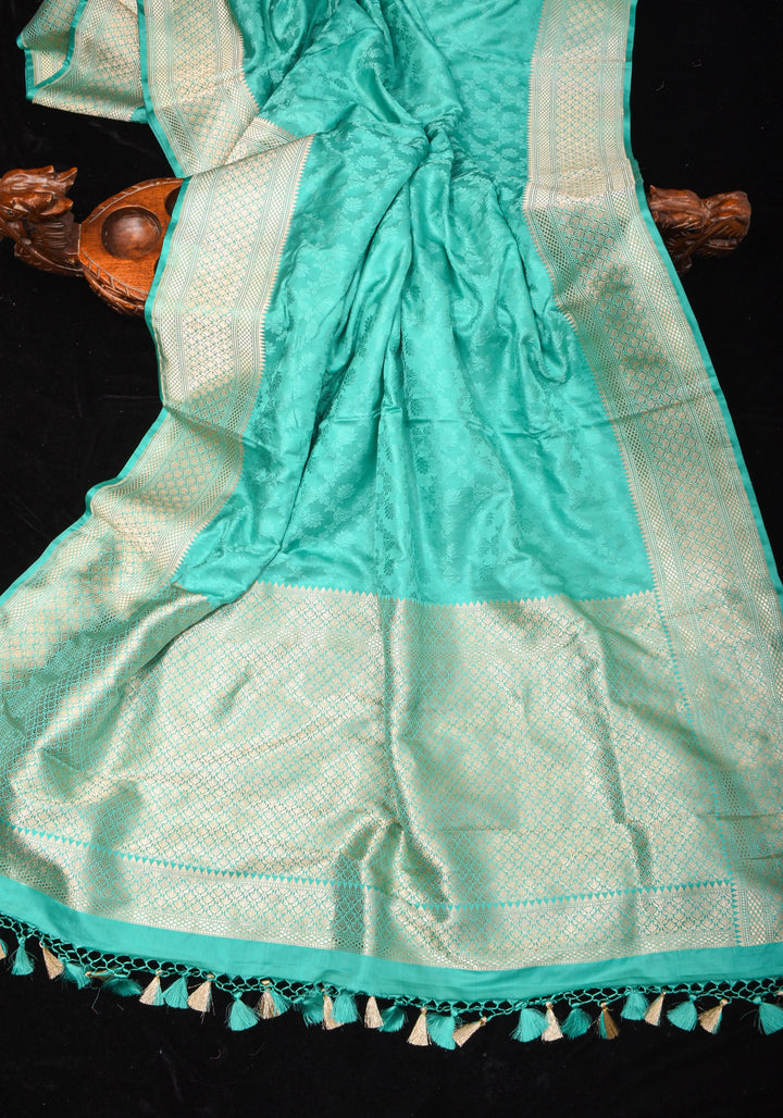 Authentic Tanchoi Jamawar Satin Silk Floral Saree in Soft  Blue with Zari Border | SILK MARK CERTIFIED