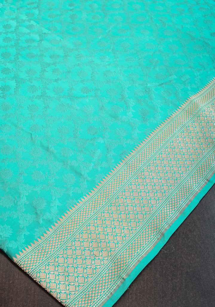 Authentic Tanchoi Jamawar Satin Silk Floral Saree in Soft  Blue with Zari Border | SILK MARK CERTIFIED