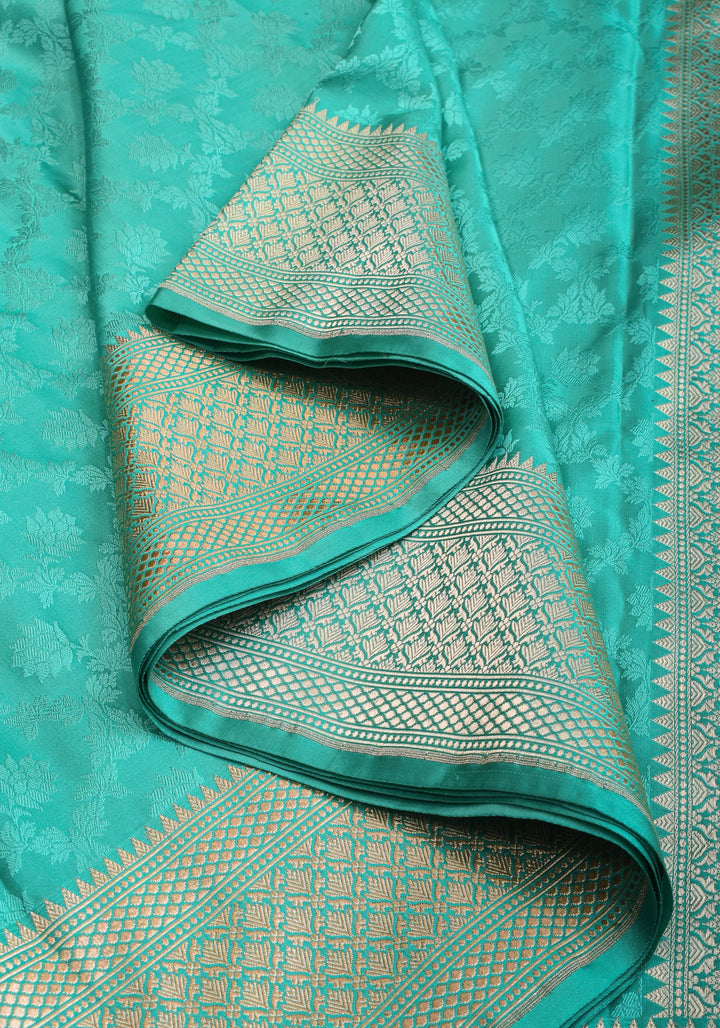 Authentic Tanchoi Jamawar Satin Silk Floral Saree in Soft  Blue with Zari Border | SILK MARK CERTIFIED