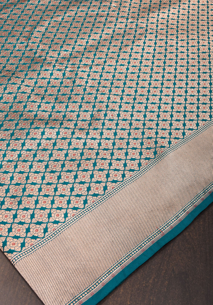 Exquisite Teal Banarasi Meenakari Golden Zari Geomentric Design Brocade Pure Katan Silk Saree | SILK MARK CERTIFIED