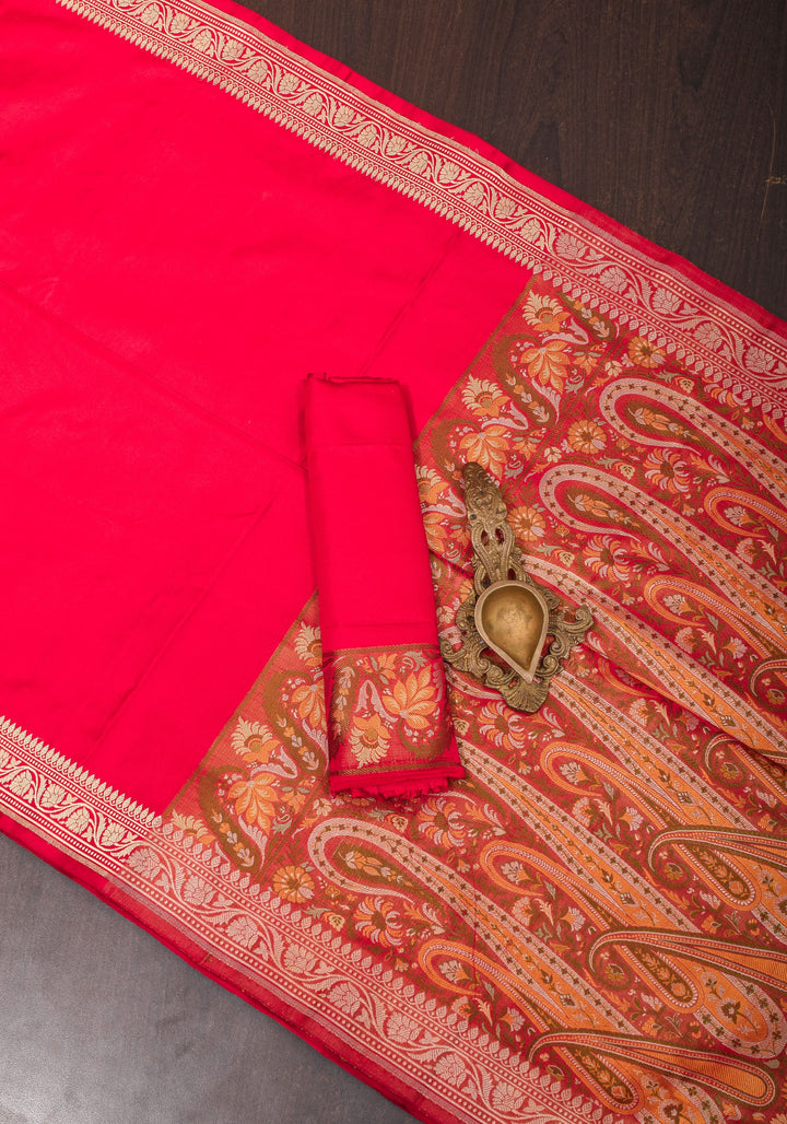Red Tanchoi Jamawar Pallu on Pure Banarasi Silk | SILK MARK CERTIFIED