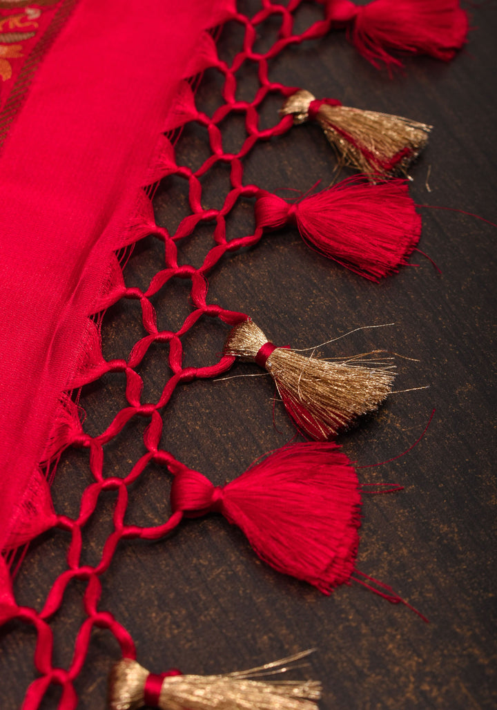 Red Tanchoi Jamawar Pallu on Pure Banarasi Silk | SILK MARK CERTIFIED