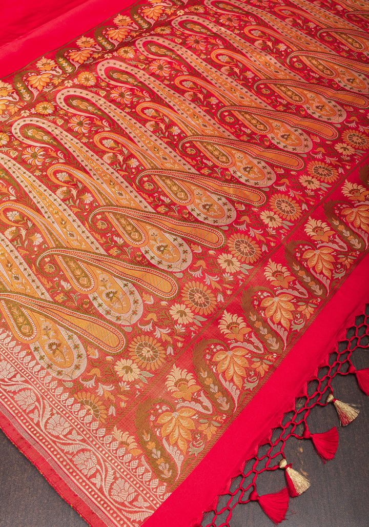 Red Tanchoi Jamawar Pallu on Pure Banarasi Silk | SILK MARK CERTIFIED
