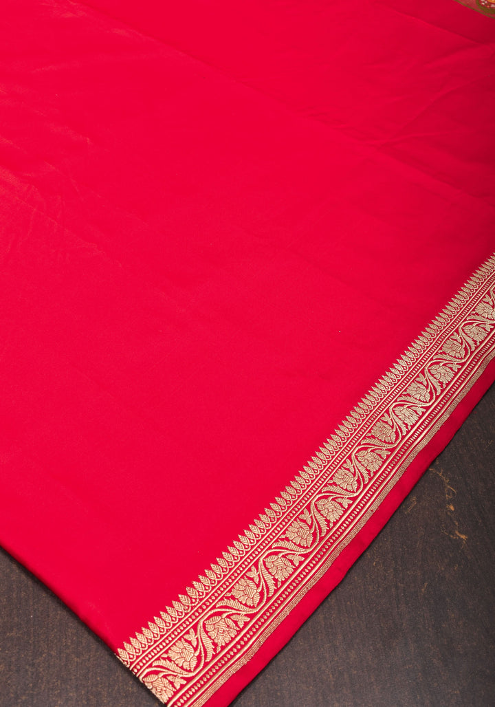 Red Tanchoi Jamawar Pallu on Pure Banarasi Silk | SILK MARK CERTIFIED