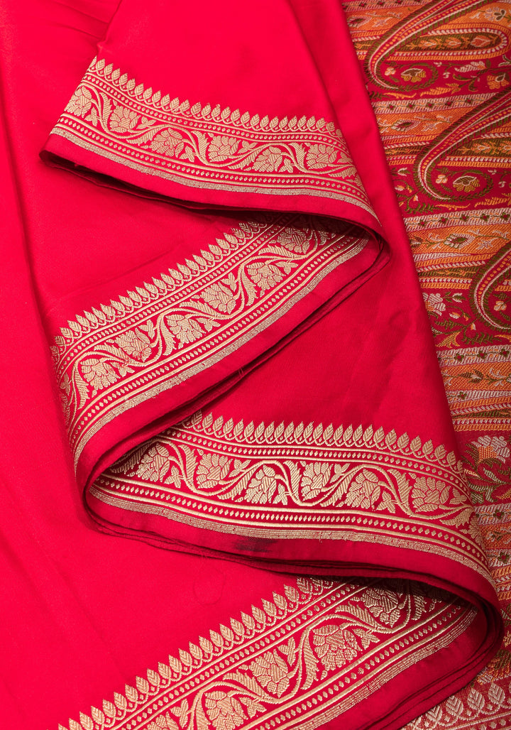Red Tanchoi Jamawar Pallu on Pure Banarasi Silk | SILK MARK CERTIFIED