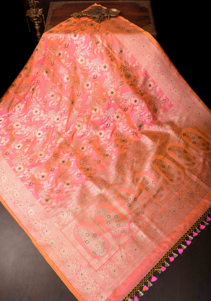 Peach Banarasi Dual Tone Katan Silk Saree with Meenakari Floral and Zari Border | SILK MARK CERTIFIED