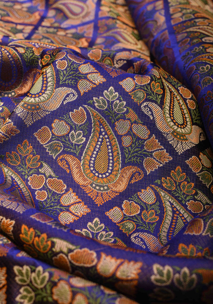 Blue Tanchoi Banarasi Satin Silk Saree with Floral Brocade  | SILK MARK CERTIFIED