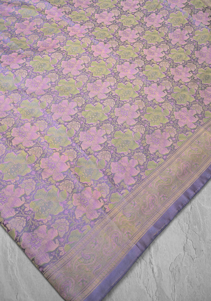 Tanchoi on Pure Banarasi Satin Silk in Dusty Amethys with Floral Jaal | SILK MARK CERTIFIED
