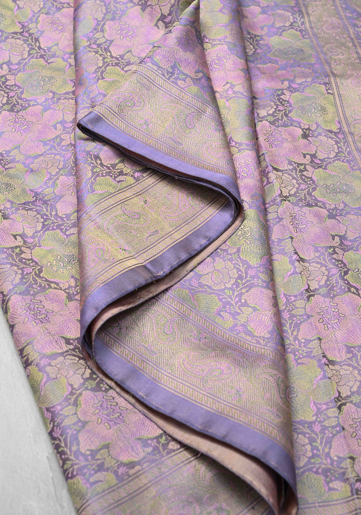 Tanchoi on Pure Banarasi Satin Silk in Dusty Amethys with Floral Jaal | SILK MARK CERTIFIED