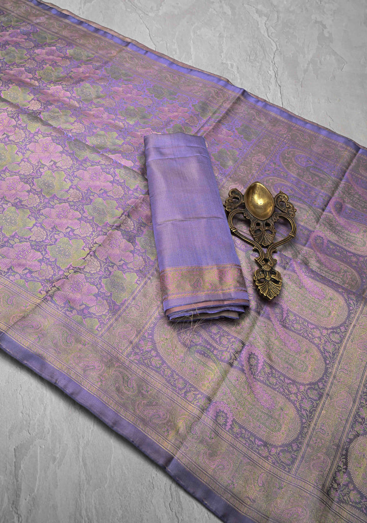 Tanchoi on Pure Banarasi Satin Silk in Dusty Amethys with Floral Jaal | SILK MARK CERTIFIED