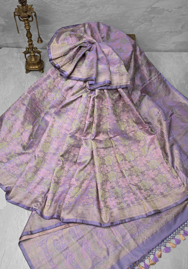 Tanchoi on Pure Banarasi Satin Silk in Dusty Amethys with Floral Jaal | SILK MARK CERTIFIED