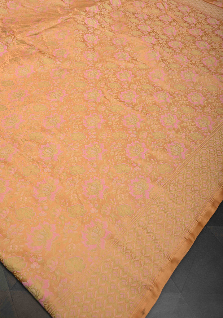 Dark Peach Tanchoi Banarasi Satin Silk Saree with Floral Brocade | SILK MARK CERTIFIED