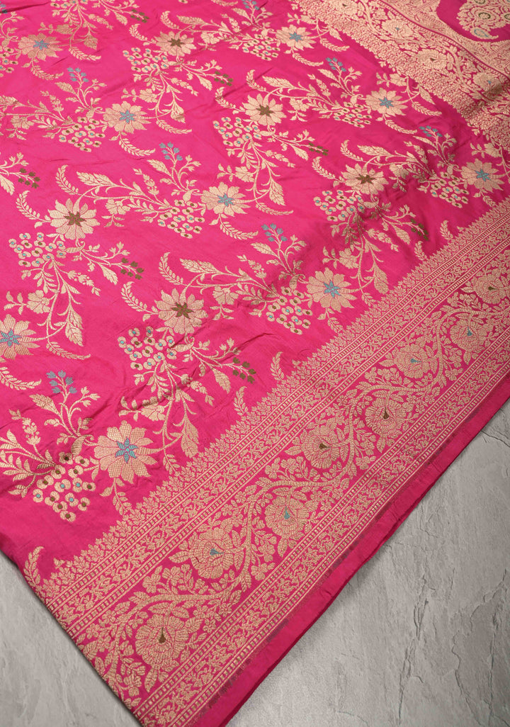 Rani Pink Meenakari on Banarasi Katan Silk Saree with Floral Brocade Jaal and Zari Border-Pallu | SILK MARK CERTIFIED