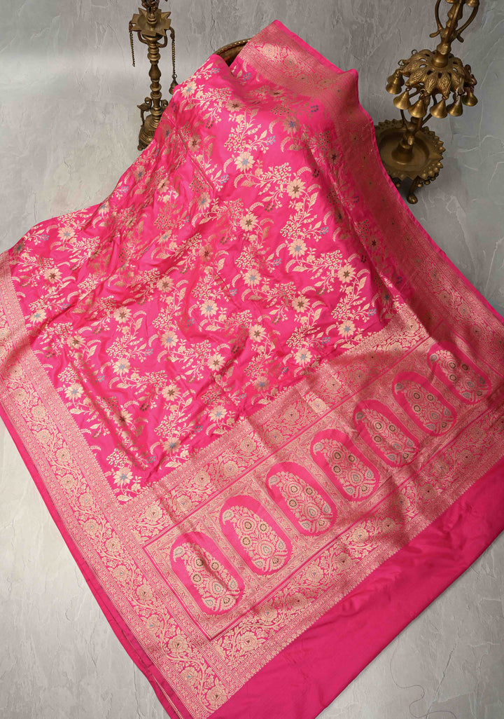 Rani Pink Meenakari on Banarasi Katan Silk Saree with Floral Brocade Jaal and Zari Border-Pallu | SILK MARK CERTIFIED
