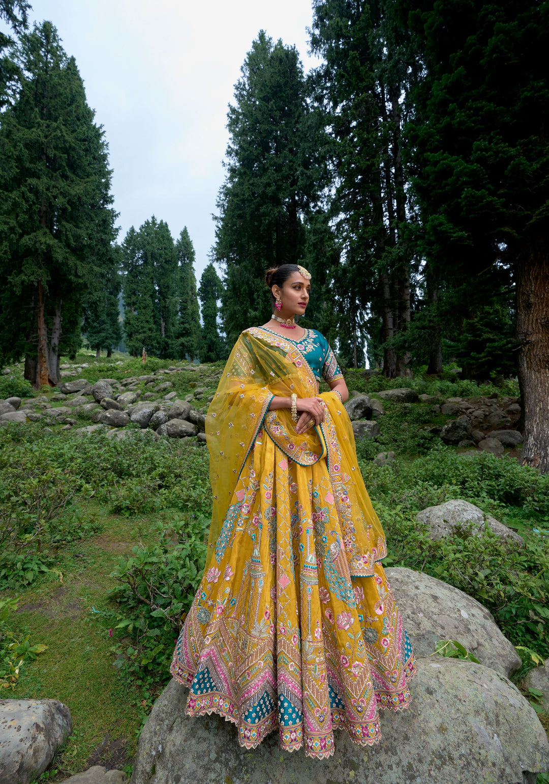 Yellow Jacquard Lehenga Set with embroidery and can-can, Customizable, Made to order