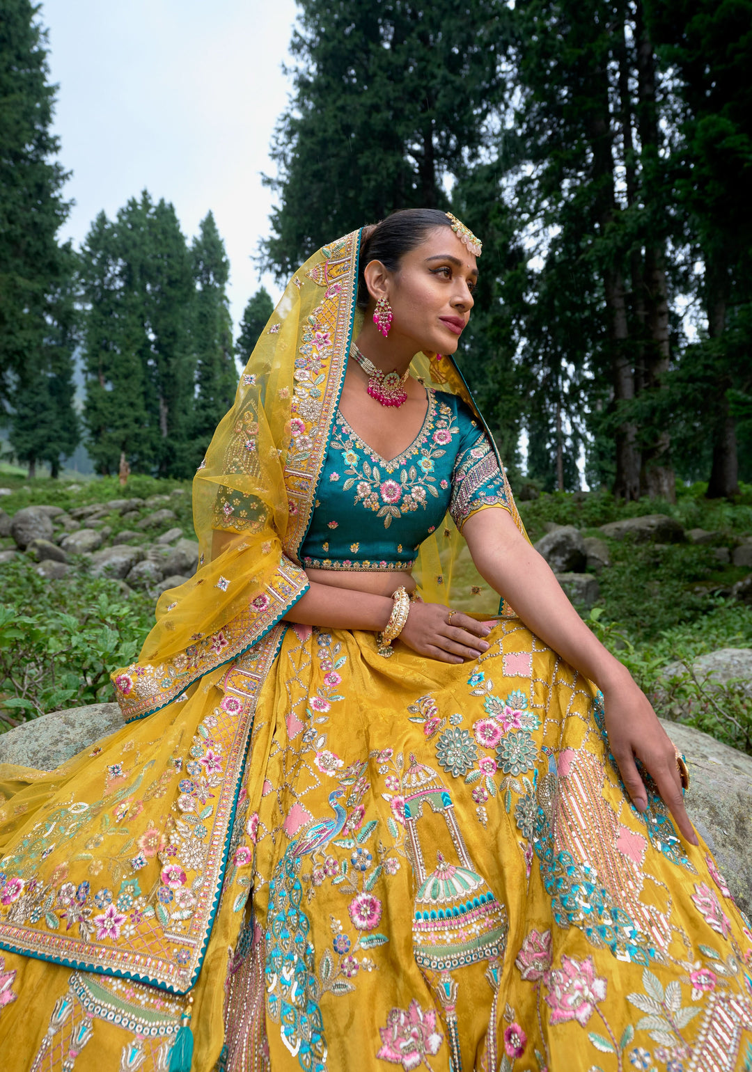 Yellow Jacquard Lehenga Set with embroidery and can-can, Customizable, Made to order
