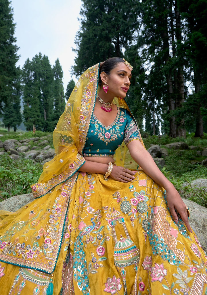 Yellow Jacquard Lehenga Set with embroidery and can-can, Customizable, Made to order