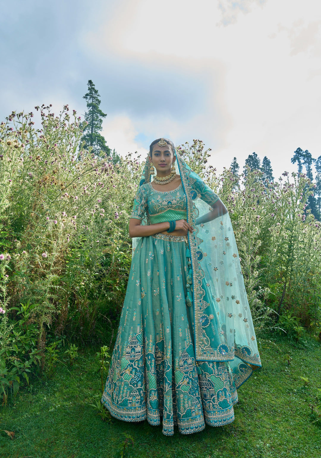 Pretty Aqua Jacquard Lehenga Set with embroidery and can-can, Customizable, Made to order