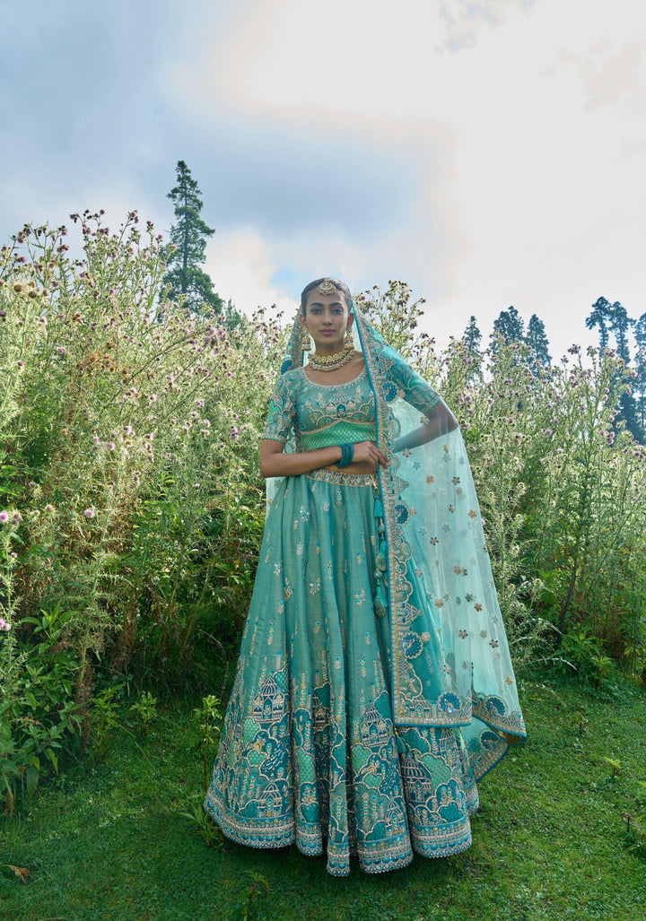 Pretty Aqua Jacquard Lehenga Set with embroidery and can-can, Customizable, Made to order