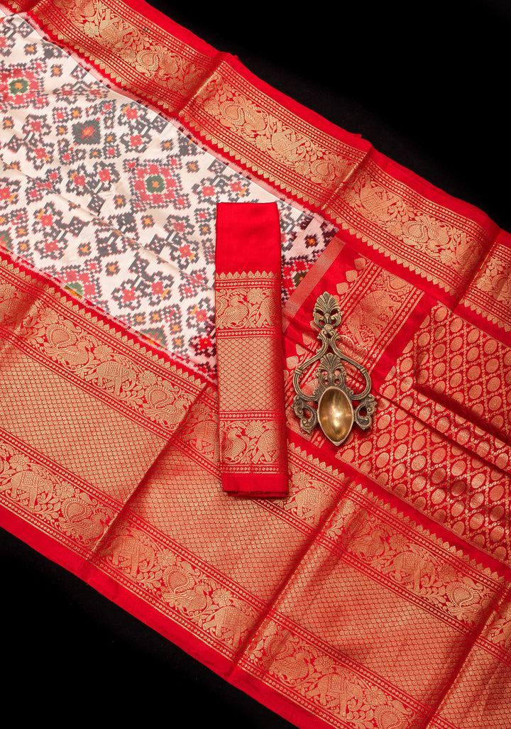Ikkat Kanjivaram Fusion Silk Saree in White & Red with Wide Zari Border | SILK MARK CERTIFIED
