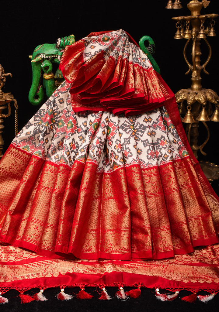 Ikkat Kanjivaram Fusion Silk Saree in White & Red with Wide Zari Border | SILK MARK CERTIFIED