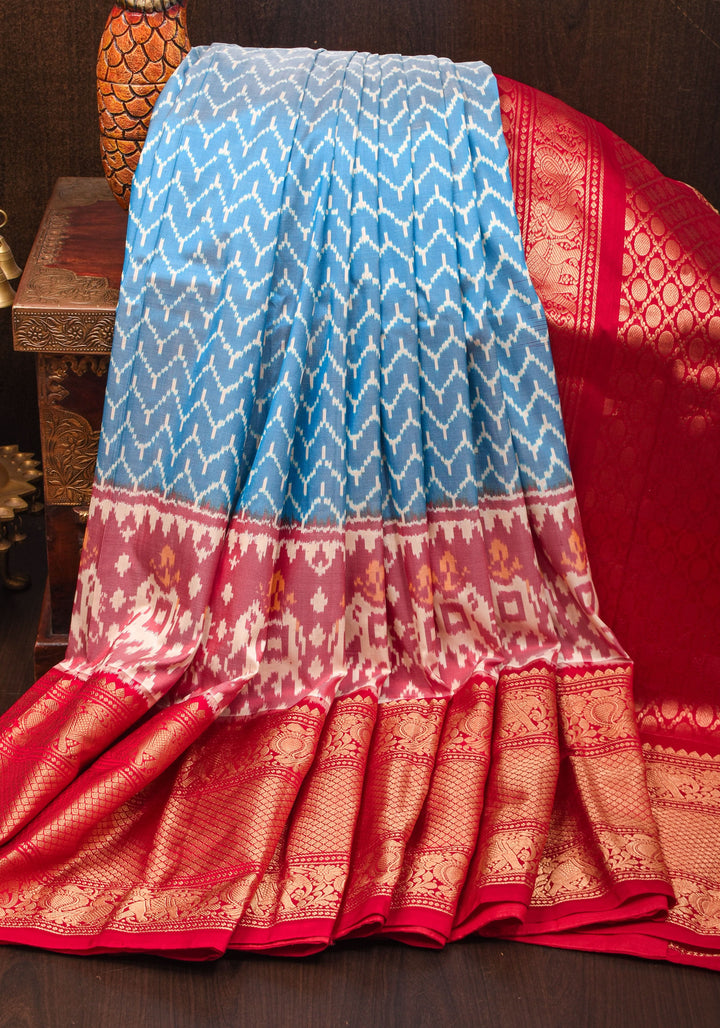 Ikkat Patola Kanjivaram Fusion Silk Saree Blue  with Panel design and wide zari border | SILK MARK CERTIFIED
