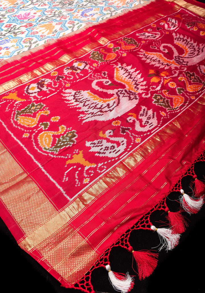 White Ikkat Patola Moroccan Design Pure Silk Tissue Saree with Contrast Red Zari Border | SILK MARK CERTIFIED