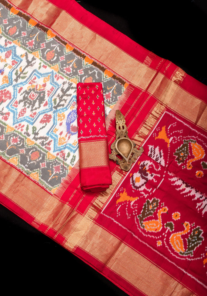 White Ikkat Patola Moroccan Design Pure Silk Tissue Saree with Contrast Red Zari Border | SILK MARK CERTIFIED