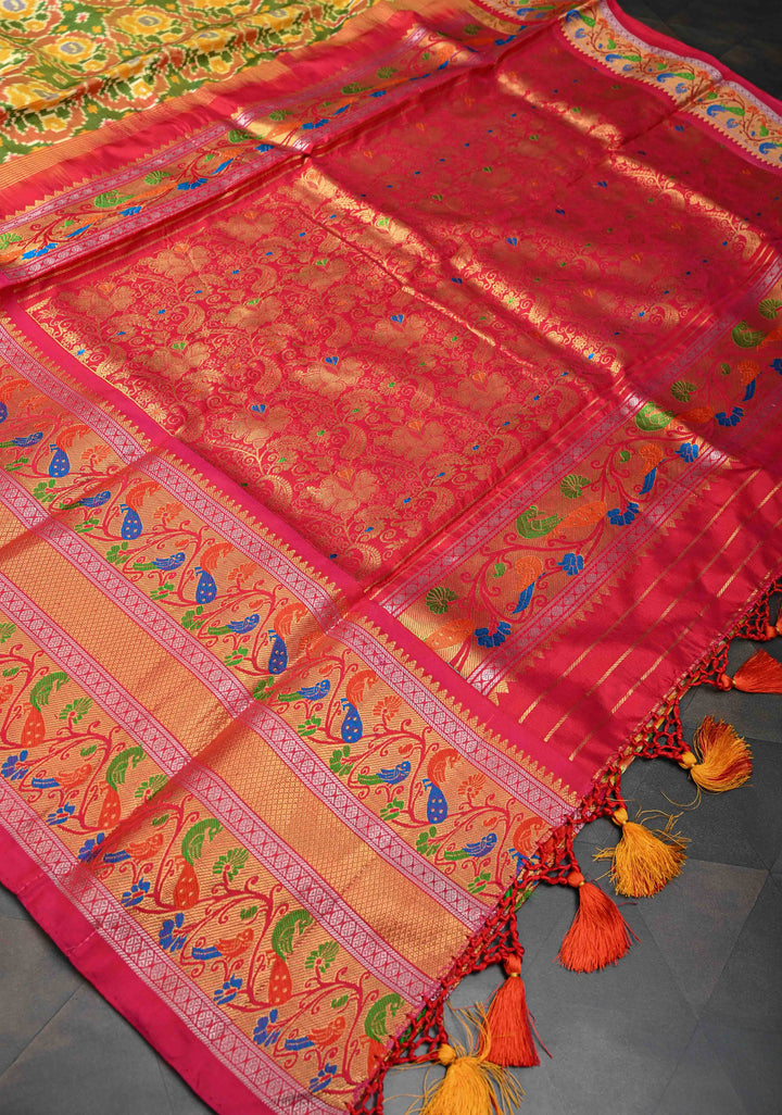 Green Exquisite Ikkat Patola Kanjivaram Saree with Paithani Style Wide Zari Border | SILK MARK CERTIFIED