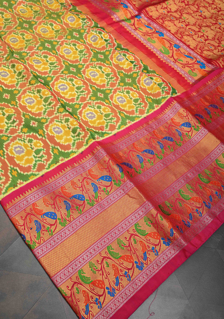 Green Exquisite Ikkat Patola Kanjivaram Saree with Paithani Style Wide Zari Border | SILK MARK CERTIFIED