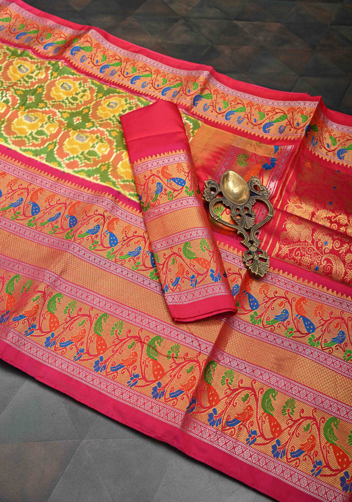 Green Exquisite Ikkat Patola Kanjivaram Saree with Paithani Style Wide Zari Border | SILK MARK CERTIFIED