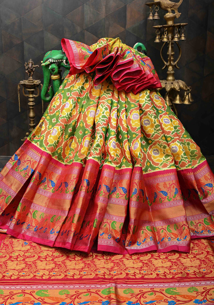 Green Exquisite Ikkat Patola Kanjivaram Saree with Paithani Style Wide Zari Border | SILK MARK CERTIFIED