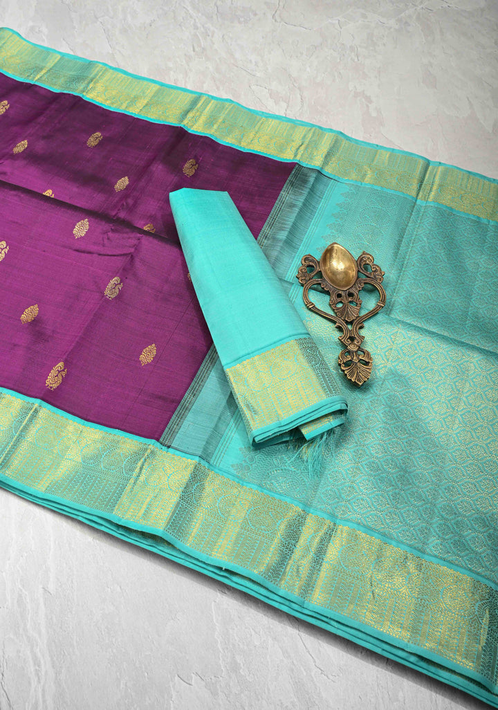 Korvai Jamuni Purple Kanjivaram Pure Silk Saree with Zari Buttas and Zari Border | SILK MARK CERTIFIED