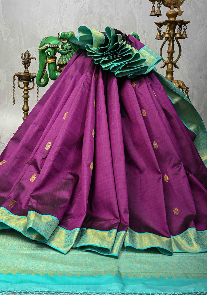 Korvai Jamuni Purple Kanjivaram Pure Silk Saree with Zari Buttas and Zari Border | SILK MARK CERTIFIED