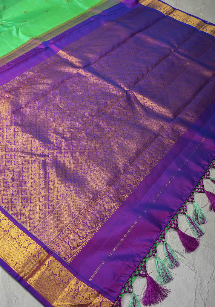 Korvai Sea Green Kanjivaram Pure Silk Saree with Zari Buttis and Contrast Zari Border | SILK MARK CERTIFIED