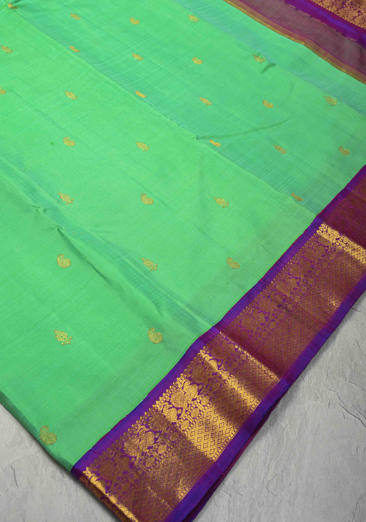 Korvai Sea Green Kanjivaram Pure Silk Saree with Zari Buttis and Contrast Zari Border | SILK MARK CERTIFIED