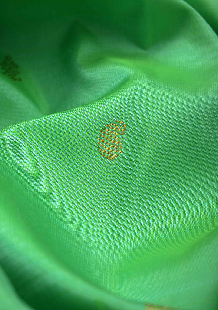 Korvai Sea Green Kanjivaram Pure Silk Saree with Zari Buttis and Contrast Zari Border | SILK MARK CERTIFIED